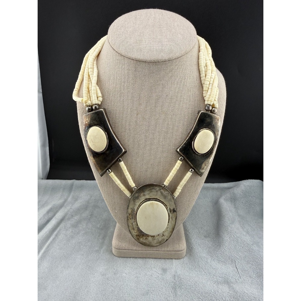 Vintage Boho‎ Necklace Multi Strand Statement Tribal Silver Tone  19"
